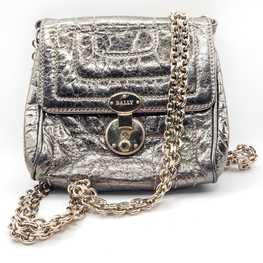Bally Shoulder Bag Small Metallic Gold Leather Chain Evening Minimalist